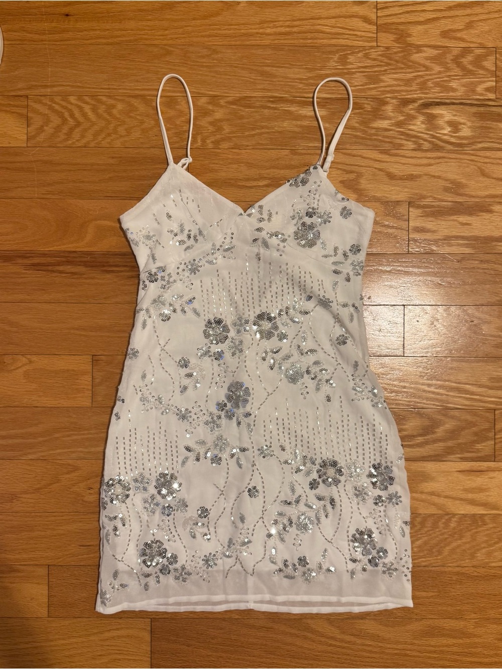 Silver Sequin Floral White Slip Mini Dress